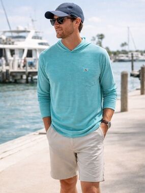 Vineyard Vines Men’s Striped Hooded Long Sleeve Blue Teal Coastal Preppy Shirt